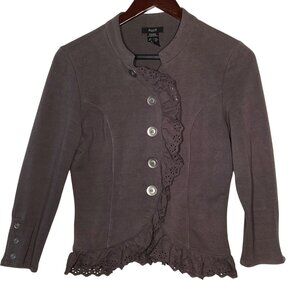 Womens Pssst! Size M Gray Button-Down Lightweight Jacket Lace Trim & 3/4 Sleeves